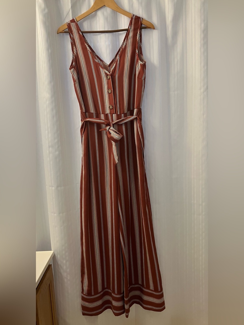 Xhilaration Brown Striped Button-Front Jumpsuit with Waist Tie - XS